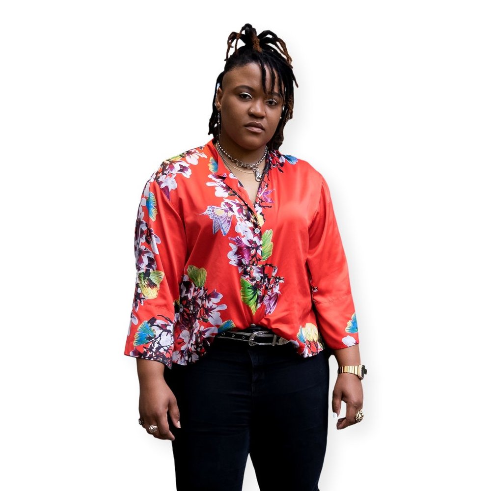 Natori Kimono Sleeve Blouse Coral Size L Button Up